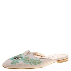 Oscar De La Renta Multicolor Canvas Embroidered Spanish Flat Mules Size 38 For Women