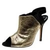 Oscar De La Renta Metallic Gold Embossed Elaphe Leather Penelope Peep Toe Sandals Size 39 For Women