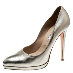 Oscar De La Renta Metallic Gold Leather Pointed Toe Pumps Size 40 For Women