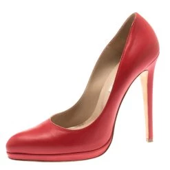 Oscar De La Renta Red Leather Pointed Toe Pumps Size 40.5 For Women