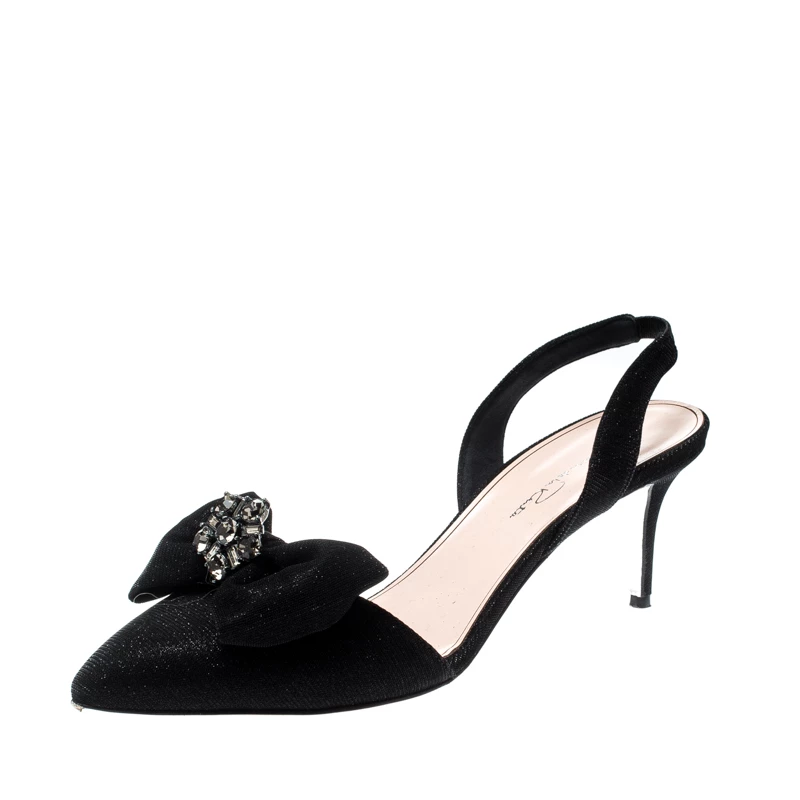 Oscar De La Renta Black Glitter Fabric Samie Bow Slingback Sandals Size 40 For Women 3 Oscar De La Renta Black Glitter Fabric Samie Bow Slingback Sandals Size 40 For Women