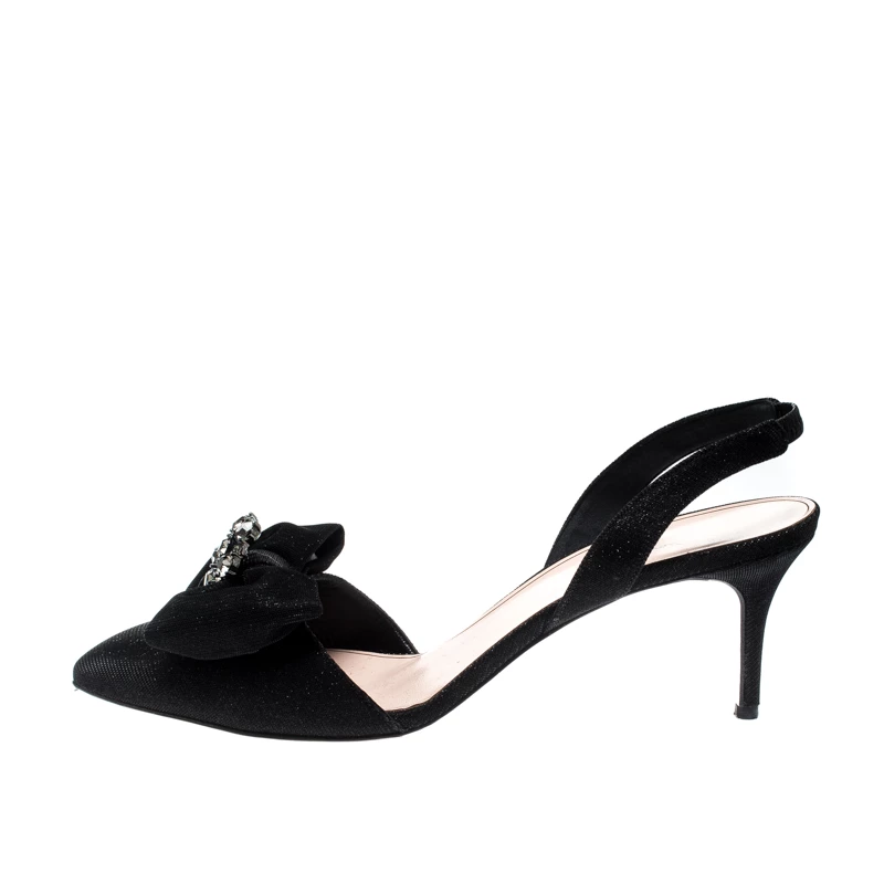 Oscar De La Renta Black Glitter Fabric Samie Bow Slingback Sandals Size 40 For Women 4 Oscar De La Renta Black Glitter Fabric Samie Bow Slingback Sandals Size 40 For Women - Image 2