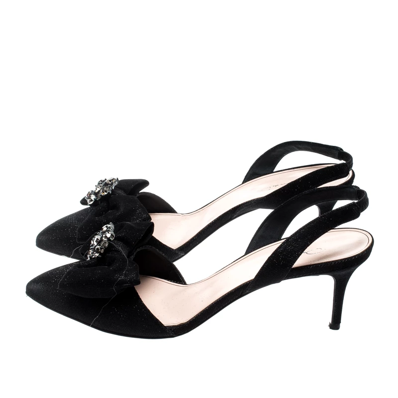 Oscar De La Renta Black Glitter Fabric Samie Bow Slingback Sandals Size 40 For Women 6 Oscar De La Renta Black Glitter Fabric Samie Bow Slingback Sandals Size 40 For Women - Image 4