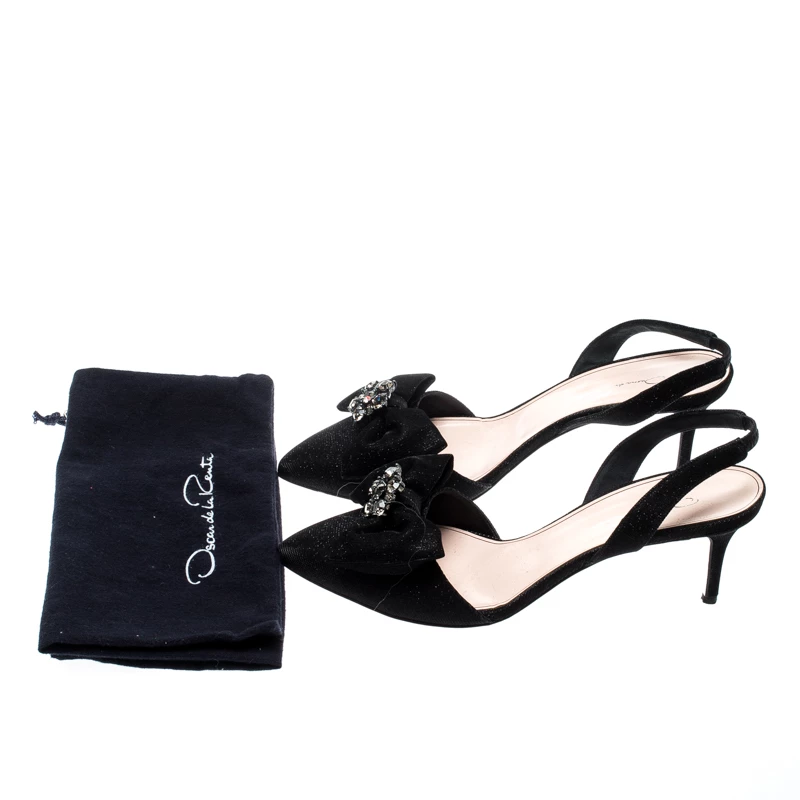 Oscar De La Renta Black Glitter Fabric Samie Bow Slingback Sandals Size 40 For Women 11 Oscar De La Renta Black Glitter Fabric Samie Bow Slingback Sandals Size 40 For Women - Image 9