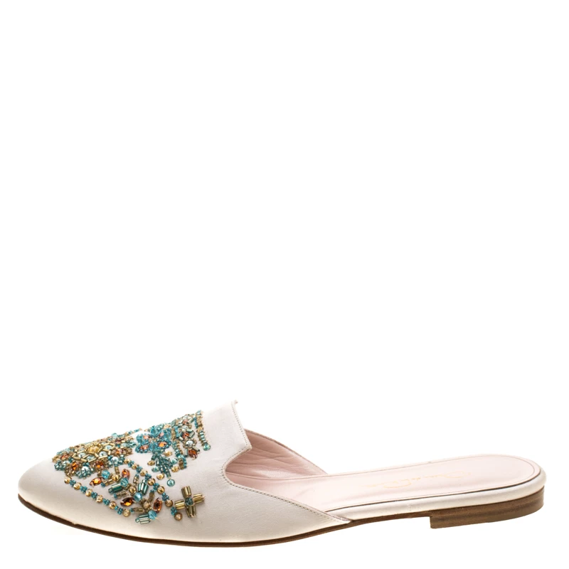 Oscar De La Renta Beige Embellished Satin Calista Flat Mules Size 41 For Women 4 Oscar De La Renta Beige Embellished Satin Calista Flat Mules Size 41 For Women - Image 2