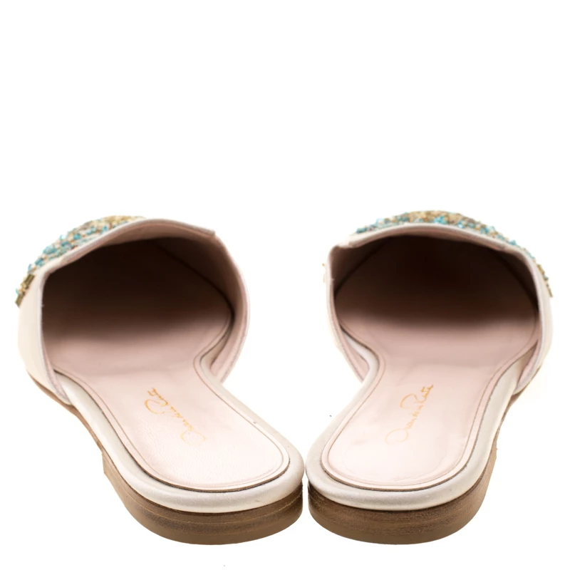 Oscar De La Renta Beige Embellished Satin Calista Flat Mules Size 41 For Women 7 Oscar De La Renta Beige Embellished Satin Calista Flat Mules Size 41 For Women - Image 5