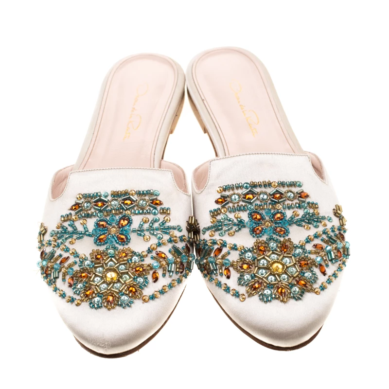 Oscar De La Renta Beige Embellished Satin Calista Flat Mules Size 41 For Women 5 Oscar De La Renta Beige Embellished Satin Calista Flat Mules Size 41 For Women - Image 3