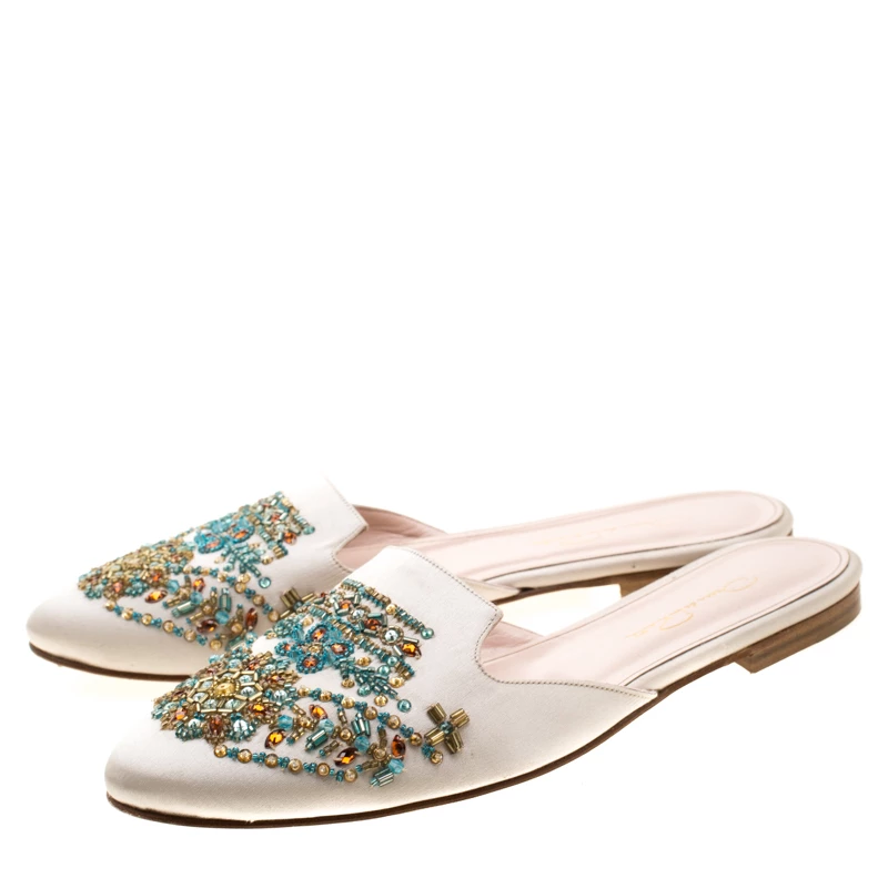 Oscar De La Renta Beige Embellished Satin Calista Flat Mules Size 41 For Women 6 Oscar De La Renta Beige Embellished Satin Calista Flat Mules Size 41 For Women - Image 4