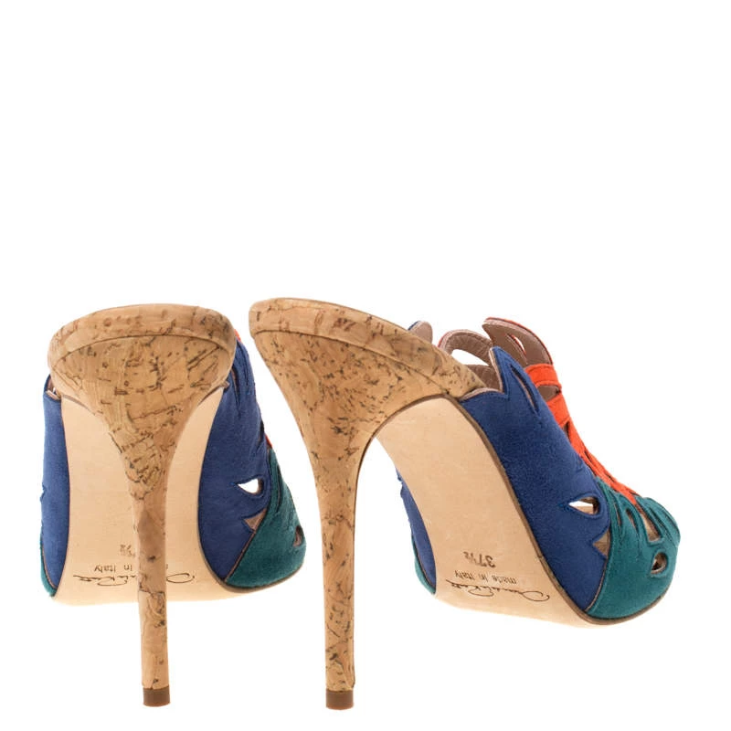 Oscar De La Renta Tricolor Suede Floral Cut Out Sandals Size 37.5 For Women 7 Oscar De La Renta Tricolor Suede Floral Cut Out Sandals Size 37.5 For Women - Image 5