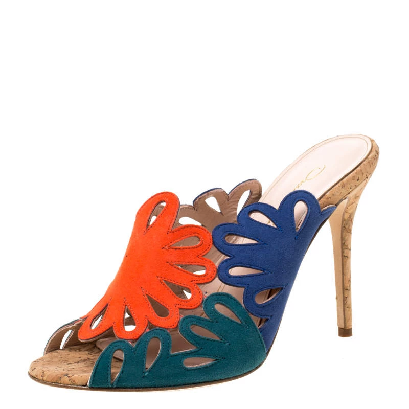 Oscar De La Renta Tricolor Suede Floral Cut Out Sandals Size 37.5 For Women 3 Oscar De La Renta Tricolor Suede Floral Cut Out Sandals Size 37.5 For Women