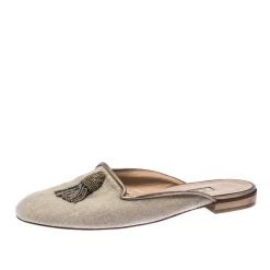Oscar De La Renta Grey Embellished Canvas Slides Mules Size 41 For Women