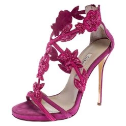 Oscar De La Renta Pink Suede Tatum Embellished T-Strap Sandals Size 37 For Women