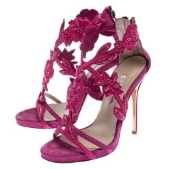 Oscar De La Renta Pink Suede Tatum Embellished T-Strap Sandals Size 37 For Women -Oscar de la Renta Sales Shop luxury women oscar de la rentaslug used shoes p242004 009