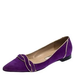 Oscar De La Renta Purple Twisted Suede Pointed Toe Ballets Flats Size 37.5 For Women