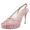 Oscar De La Renta Pink Lace And Leather Slingback Platform Peep Toe Sandals Size 37 For Women