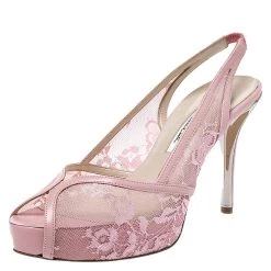 Oscar De La Renta Pink Lace And Leather Slingback Platform Peep Toe Sandals Size 37 For Women