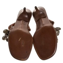 Oscar De La Renta Brown Leather Charm Embellished Kitten Heel Sandals Size 37.5 For Women -Oscar de la Renta Sales Shop luxury women oscar de la rentaslug used shoes p274997 001