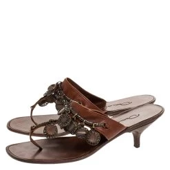 Oscar De La Renta Brown Leather Charm Embellished Kitten Heel Sandals Size 37.5 For Women -Oscar de la Renta Sales Shop luxury women oscar de la rentaslug used shoes p274997 008