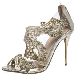 Oscar de la Renta Sales Shop 59 Oscar De La Renta Gold PVC And Leather Ambria Embellished Cut Out Sandals Size 38.5 For Women