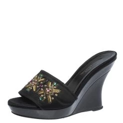 Oscar De La Renta Black Satin Embellished Wedge Open Toe Platform Sandals Size 38 For Women