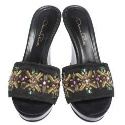 Oscar De La Renta Black Satin Embellished Wedge Open Toe Platform Sandals Size 38 For Women -Oscar de la Renta Sales Shop luxury women oscar de la rentaslug used shoes p296402 006