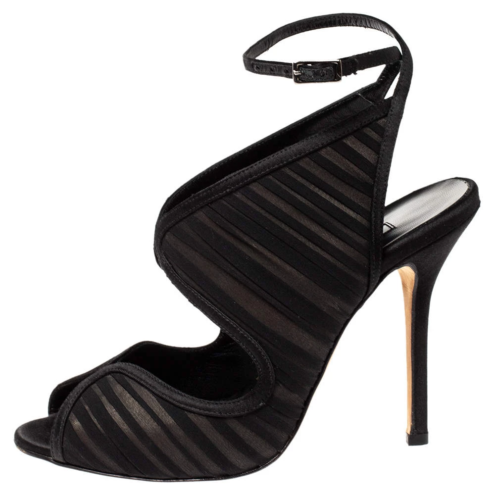 Oscar De La Renta Black Satin And Fabric Suzy Ankle Strap Sandals Size 38.5 For Women 4 Oscar De La Renta Black Satin And Fabric Suzy Ankle Strap Sandals Size 38.5 For Women - Image 2