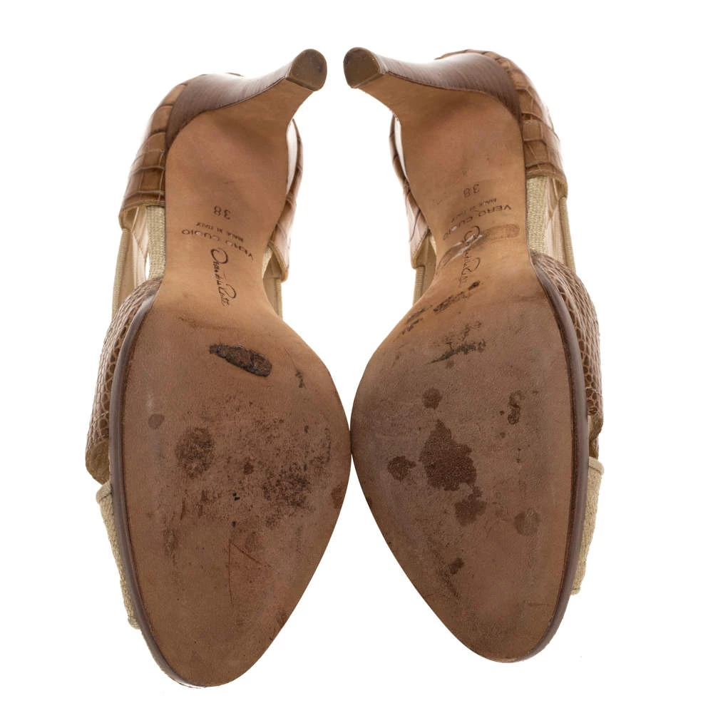 Oscar De La Renta Beige Woven Raffia And Brown Snake Print Leather Peep Toe Pumps Size 38 For Women 8 Oscar De La Renta Beige Woven Raffia And Brown Snake Print Leather Peep Toe Pumps Size 38 For Women - Image 6