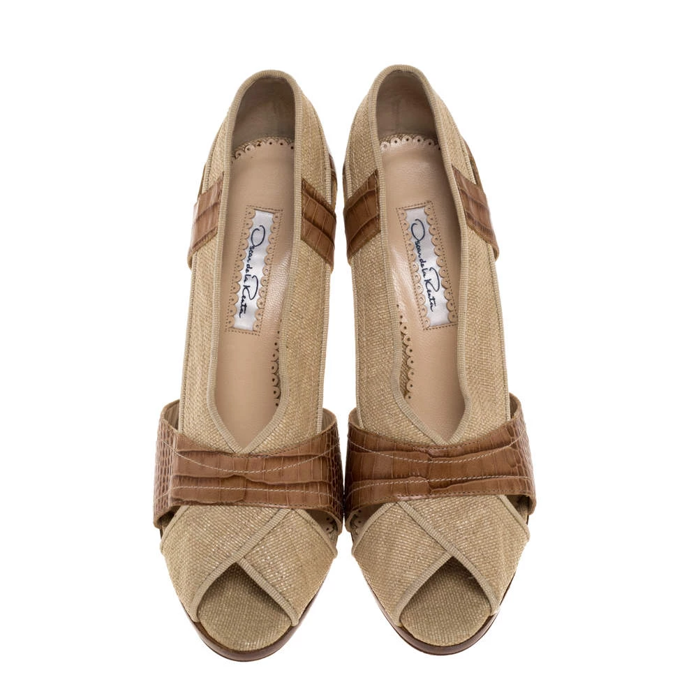 Oscar De La Renta Beige Woven Raffia And Brown Snake Print Leather Peep Toe Pumps Size 38 For Women 5 Oscar De La Renta Beige Woven Raffia And Brown Snake Print Leather Peep Toe Pumps Size 38 For Women - Image 3