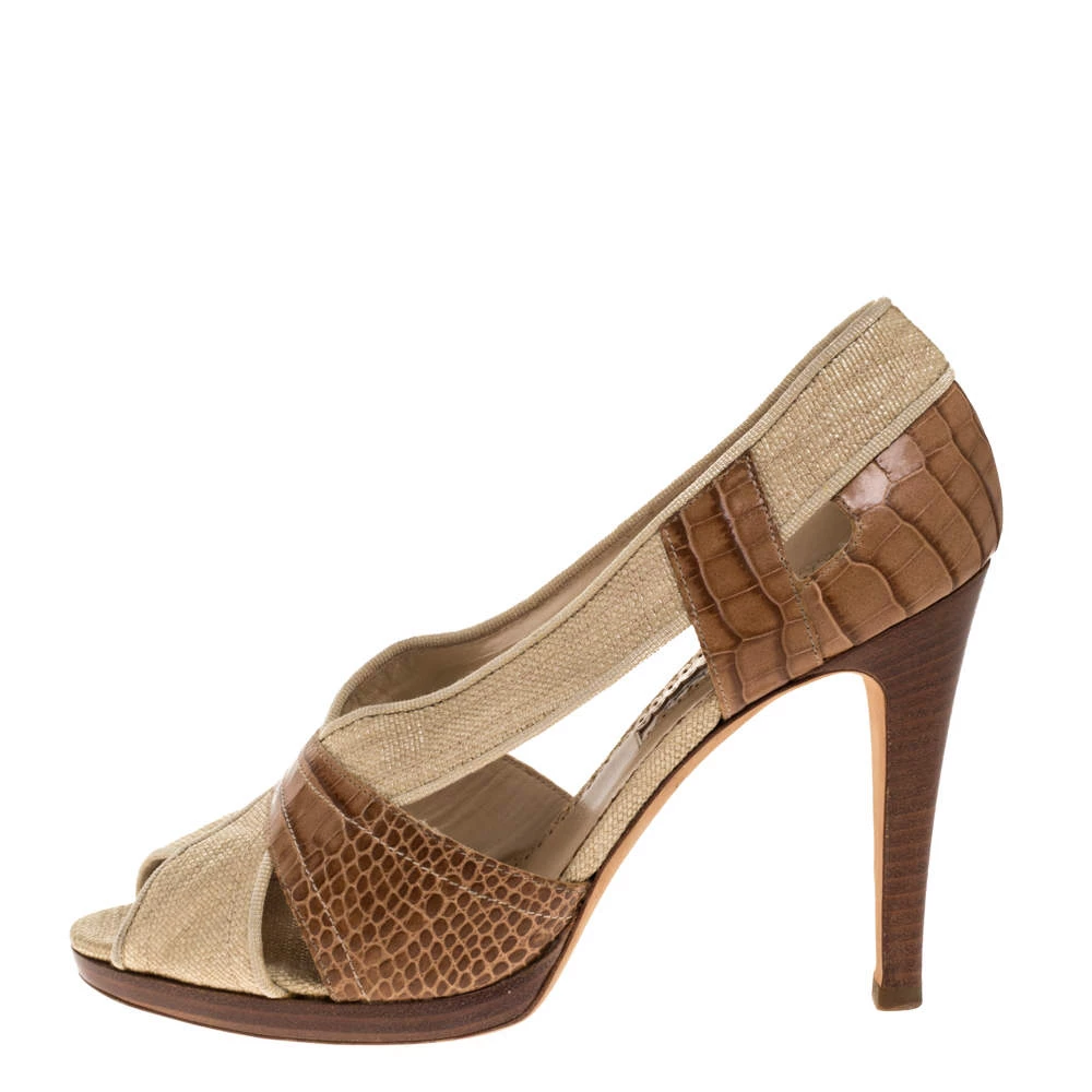 Oscar De La Renta Beige Woven Raffia And Brown Snake Print Leather Peep Toe Pumps Size 38 For Women 4 Oscar De La Renta Beige Woven Raffia And Brown Snake Print Leather Peep Toe Pumps Size 38 For Women - Image 2