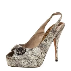 Oscar De La Renta White/Black Snake Print Leather Slingback Platform Peep Toe Sandals Size 37 For Women