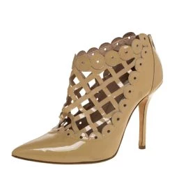 Oscar De La Renta Beige Patent Leather Laser Cut Fernanda Ankle Booties Size 37.5 For Women