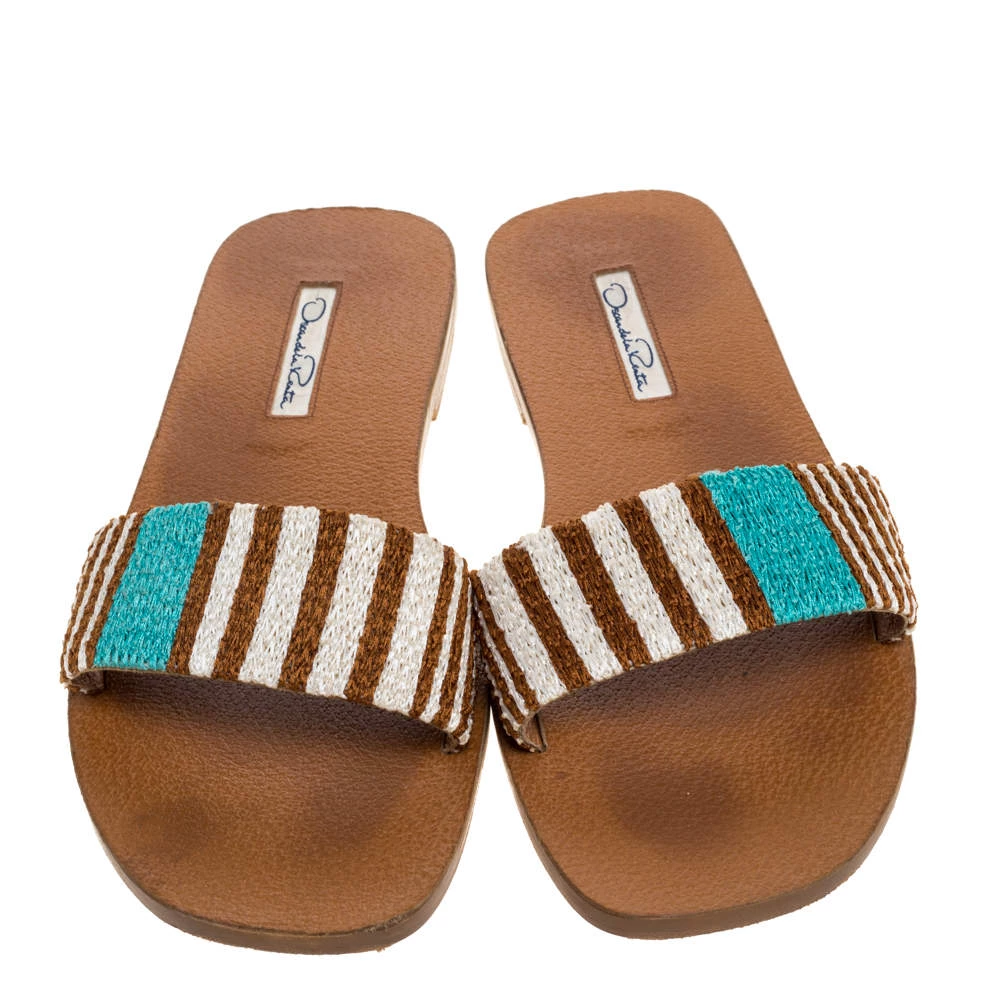 Oscar De La Renta Brown Stripe Raffia Slide Flat Sandals Size 40 For Women 5 Oscar De La Renta Brown Stripe Raffia Slide Flat Sandals Size 40 For Women - Image 3