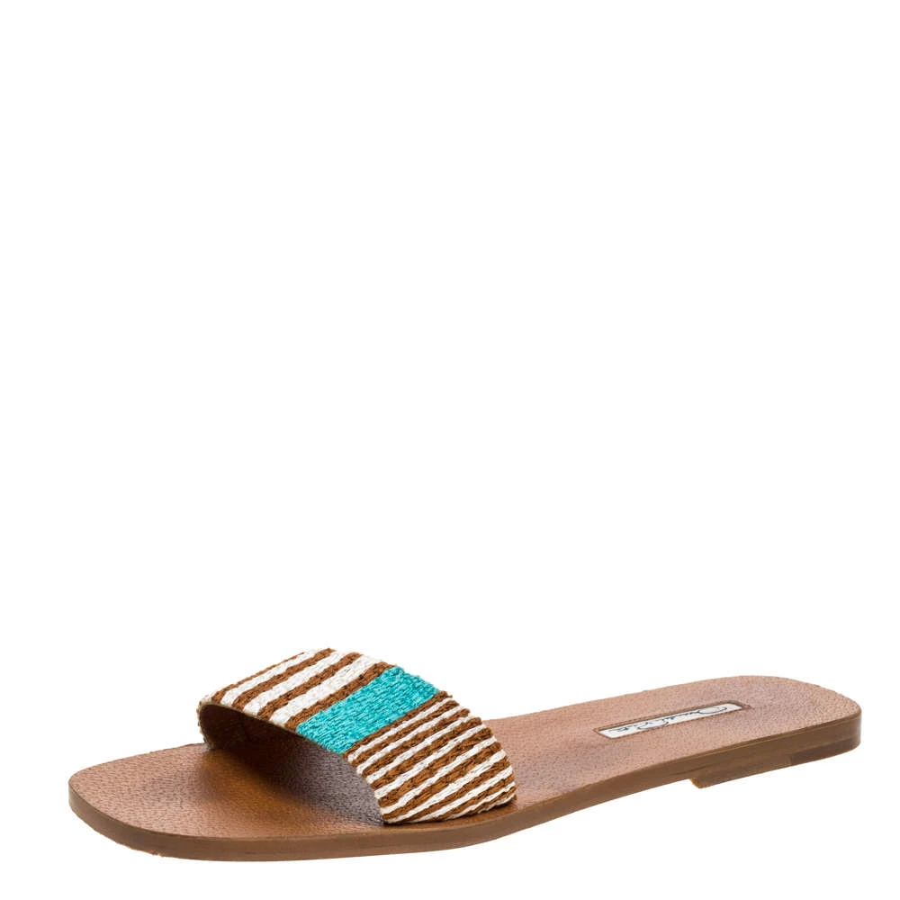 Oscar De La Renta Brown Stripe Raffia Slide Flat Sandals Size 40 For Women 3 Oscar De La Renta Brown Stripe Raffia Slide Flat Sandals Size 40 For Women