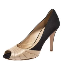 Oscar De La Renta Black/Beige Satin Ruched Detail Peep Toe Pumps Size 37 For Women