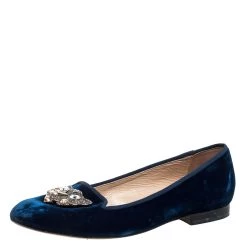 Oscar De La Renta Blue Velvet Blair Catface Smoking Ballet Flats Size 38 For Women