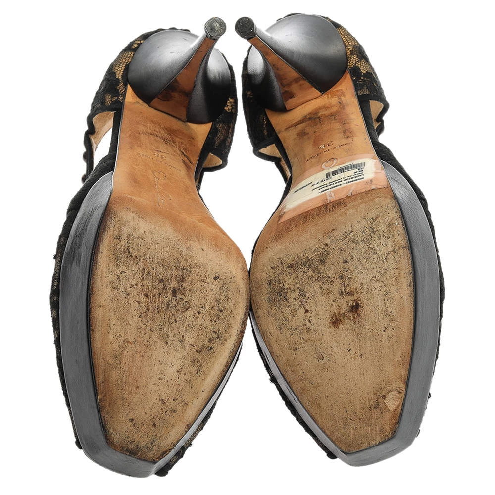 Oscar De La Renta Black Lace And Suede Platform Studded Peep Toe Zipper Sandals Size 38 For Women 7 Oscar De La Renta Black Lace And Suede Platform Studded Peep Toe Zipper Sandals Size 38 For Women - Image 5