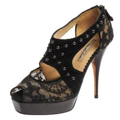 Oscar De La Renta Black Lace And Suede Platform Studded Peep Toe Zipper Sandals Size 38 For Women