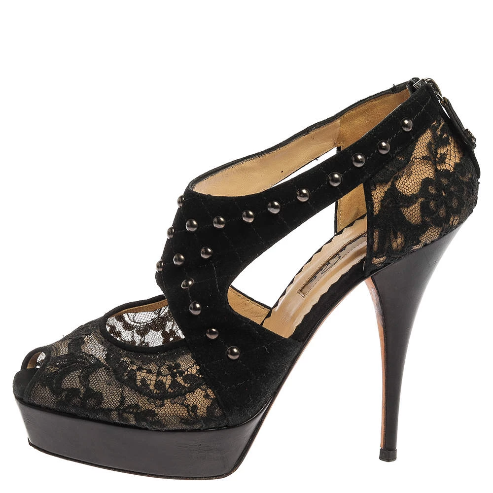Oscar De La Renta Black Lace And Suede Platform Studded Peep Toe Zipper Sandals Size 38 For Women 4 Oscar De La Renta Black Lace And Suede Platform Studded Peep Toe Zipper Sandals Size 38 For Women - Image 2