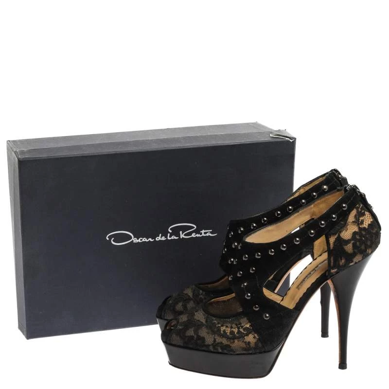 Oscar De La Renta Black Lace And Suede Platform Studded Peep Toe Zipper Sandals Size 38 For Women 11 Oscar De La Renta Black Lace And Suede Platform Studded Peep Toe Zipper Sandals Size 38 For Women - Image 9