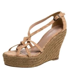 Oscar De La Renta Beige Cork Espadrille Platform Wedge Sandals Size 36 For Women