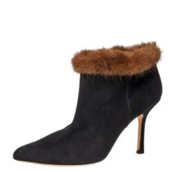 Oscar De La Renta Osca De La Renta Black Suede Leather And Mink Fur Pointed Toe Ankle Boots Size 38.5 For Women