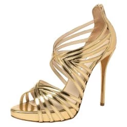 Oscar De La Renta Metallic Gold Leather Bree Cage Sandals Size 38.5 For Women
