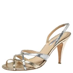 Oscar De La Renta Silver/Gold Python Embossed Leather Strappy Slingback Sandals Size 40 For Women