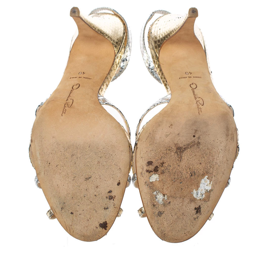 Oscar De La Renta Silver/Gold Python Embossed Leather Strappy Slingback Sandals Size 40 For Women 8 Oscar De La Renta Silver/Gold Python Embossed Leather Strappy Slingback Sandals Size 40 For Women - Image 6