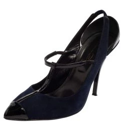 Oscar De La Renta Navy Blue/Black Suede And Patent Leather Fedra T Strap Pumps Size 39.5 For Women