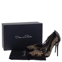 Oscar De La Renta Black Patent Leather And Mesh Alyssa Embellished Pointed Toe Pumps Size 38 For Women -Oscar de la Renta Sales Shop luxury women oscar de la rentaslug used shoes p398571 004