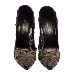 Oscar De La Renta Black Patent Leather And Mesh Alyssa Embellished Pointed Toe Pumps Size 38 For Women -Oscar de la Renta Sales Shop luxury women oscar de la rentaslug used shoes p398571 008