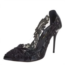 Oscar De La Renta Black PVC And Patent Leather Alyssa Embellished Pumps Size 37 For Women
