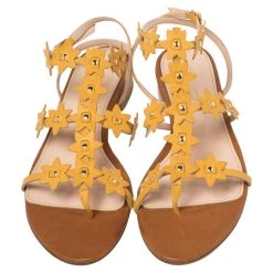 Oscar De La Renta Yellow Floral Jenisa Ankle Strap Flat Sandals Size 39.5 For Women -Oscar de la Renta Sales Shop luxury women oscar de la rentaslug used shoes p411269 003