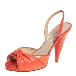 Oscar De La Renta Orange Patent Leather Slingback Sandals Size 39 For Women